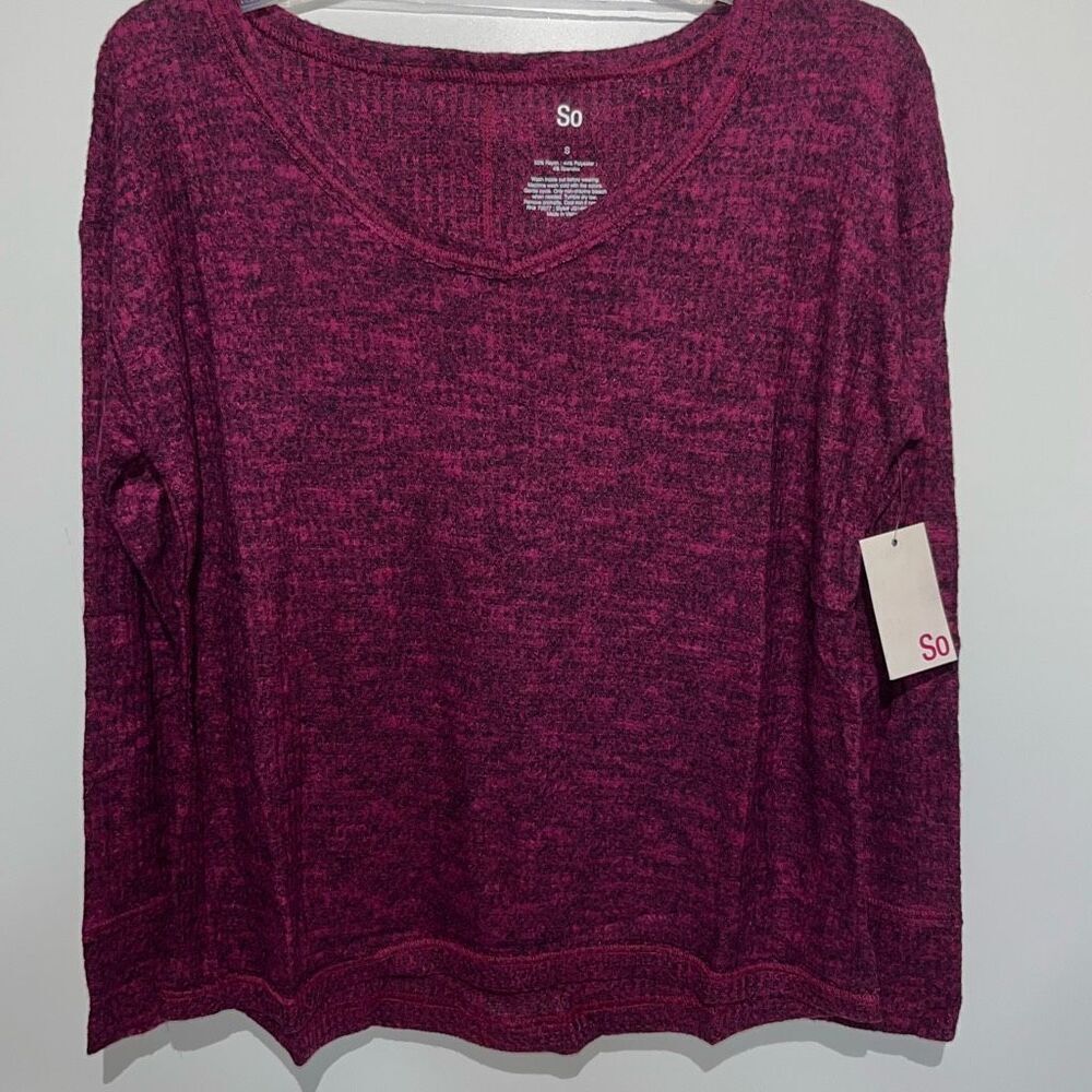 SO Cozy Relaxed V-Neck Top Wine Purple‎ Marled Knit Long Sleeve Small NEW